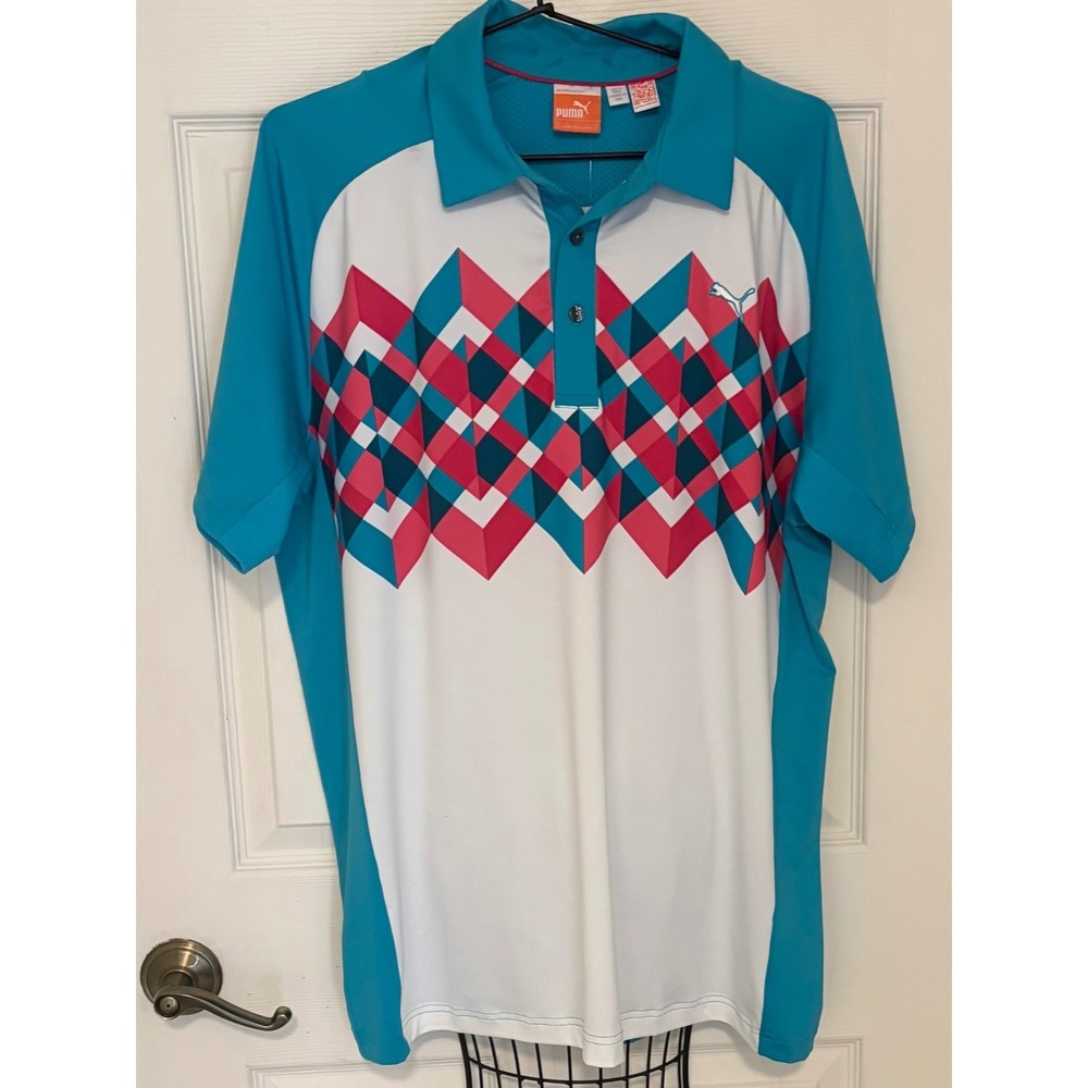 NWT Puma CELL Men's Golf Polo Large Teal Pink Geometric Performance Shirt